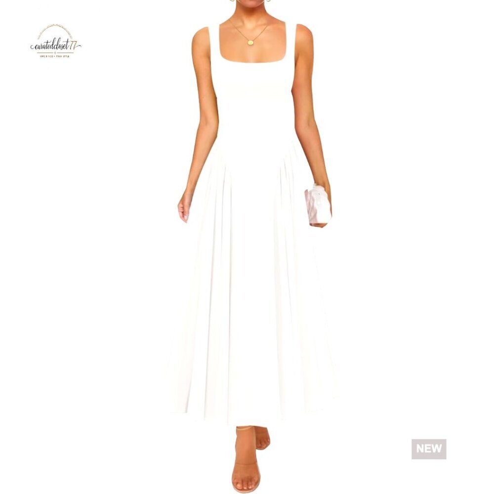 Sleeveless Square Neck Maxi Dress A-Line Flowy Summer Casual Beach